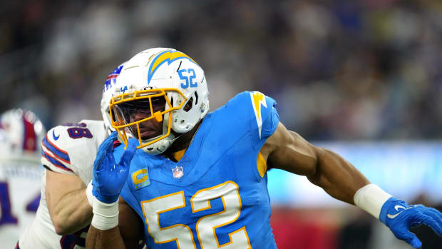 Dec 23, 2023; Inglewood, California, USA; Los Angeles Chargers linebacker Khalil Mack (52) rushes against the Buffalo Bills in the second half at SoFi Stadium. Mandatory Credit: Kirby Lee-USA TODAY Sports  